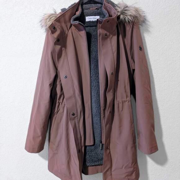 Calvin Klein Faux Fur Trim Sherpa-Lined Parka Coat XL Mauve - Picture 1 of 3